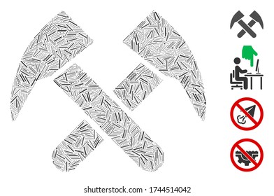 Hatch collage job hammers icon composed of narrow items in different sizes and color hues. Linear items are composed into abstract vector collage job hammers icon. Bonus icons are added.