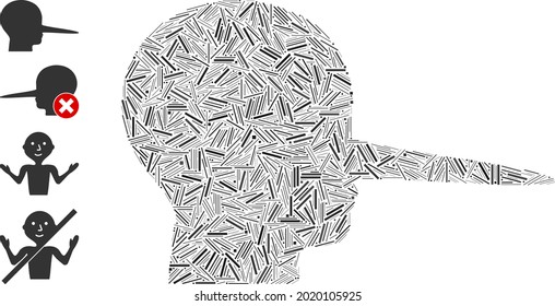 Hatch collage liar icon constructed from narrow elements in various sizes and color hues. Irregular hatch elements are united into abstract vector mosaic liar icon. Bonus icons are placed.