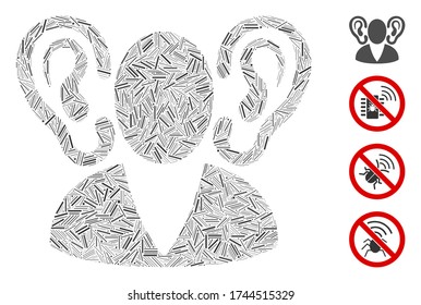 Hatch collage listener icon organized from straight items in random sizes and color hues. Line items are combined into abstract vector collage listener icon. Bonus icons are added.