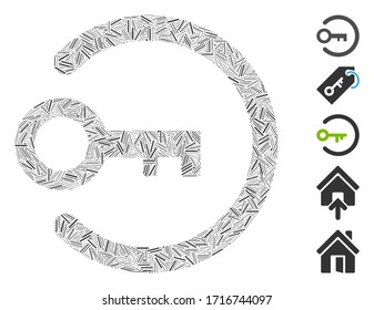 Hatch collage login key icon constructed from thin items in random sizes and color hues. Vector linear items are arranged into abstract collage login key icon. Bonus icons are placed.