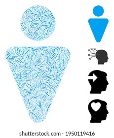 Hatch Collage Mann Symbol aus schmalen Artikeln in verschiedenen Größen und Farbtönen. Unregelmäßige Lukenelemente werden zu einem abstrakten Menschensymbol in Vektorgrafik kombiniert. Bonuspiktogramme werden hinzugefügt.
