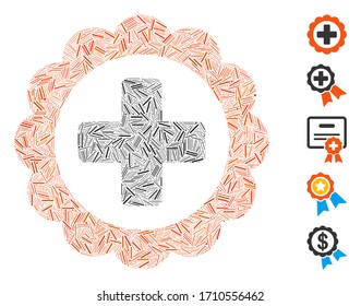 Hatch collage medical sticker icon composed of straight items in various sizes and color hues. Vector linear items are grouped into abstract collage medical sticker icon. Bonus icons are added.