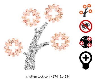 Hatch collage medical technology tree icon constructed from narrow items in random sizes and color hues.