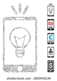 Icono de la luz de la lámpara móvil del collage del escote organizado a partir de elementos rectos de diferentes tamaños y tonos de color. Los elementos del portón vectorial se unen en un icono abstracto de luz de lámpara móvil de mosaico.