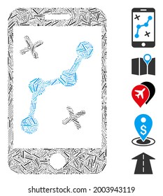 Hatch collage mobile route map icon constructed from narrow elements in random sizes and color hues. Vector hatch items are arranged into abstract collage mobile route map icon.