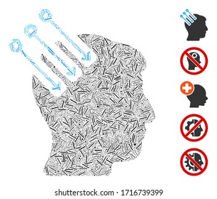 Hatch collage neuro interface icon constructed from straight elements in different sizes and color hues. Vector hatch elements are arranged into abstract mosaic neuro interface icon.