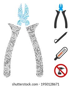 Hatch collage nippers icon united from straight items in various sizes and color hues. Irregular hatch items are composed into abstract vector mosaic nippers icon. Bonus icons are placed.