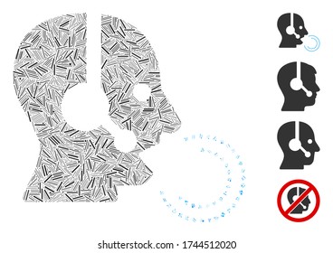Icono de voz del operador de collage de escotillas organizado a partir de elementos estrechos de diferentes tamaños y tonos de color. Los elementos de trama irregular se organizan en un icono abstracto de voz del operador de collage vectorial.