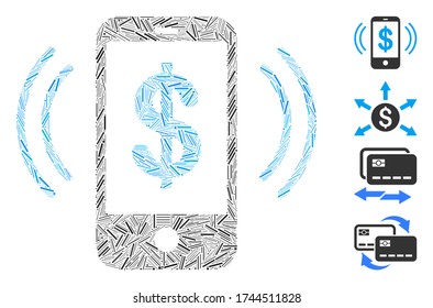 Icono de anillo de teléfono de pago de tramas de reloj organizado a partir de elementos estrechos en tamaños variables y tonos de color. Los elementos de trama irregular se unen en el icono abstracto del anillo de teléfono de pago mediante collage vectorial.