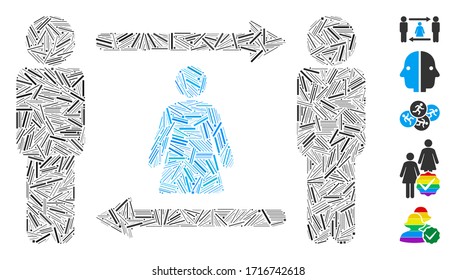 Hatch collage persons woman exchange icon constructed from straight items in different sizes and color hues. Vector hatch items are united into abstract composition persons woman exchange icon.