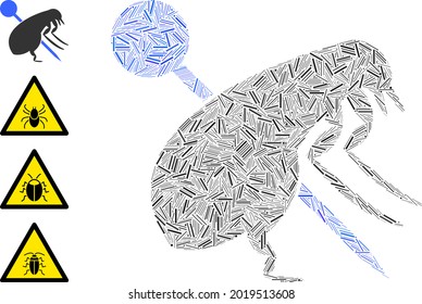 Hatch collage pinned flea icon united from narrow items in different sizes and color hues. Irregular hatch items are united into abstract vector illustration pinned flea icon. Bonus icons are added.
