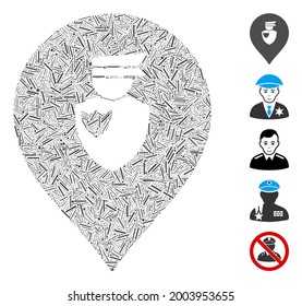 Hatch collage policeman marker icon constructed from straight items in random sizes and color hues. Vector hatch items are united into abstract collage policeman marker icon. Bonus icons are added.