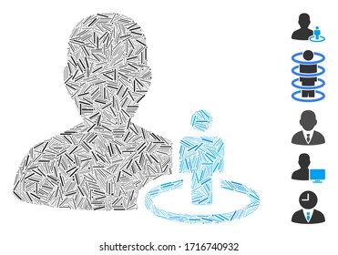 Moderator-Symbol für Hatch Collage Moderator vereint aus geraden Elementen in unterschiedlichen Größen und Farbtönen. Vektorillustration Luch Elemente sind zu einem abstrakten Collage Portal Moderator Symbol vereint. Bonuspiktogramme werden hinzugefügt.