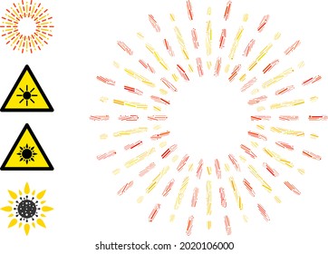 Hatch collage radiation rays icon composed of narrow items in random sizes and color hues. Irregular hatch items are combined into abstract vector collage radiation rays icon. Bonus icons are placed.