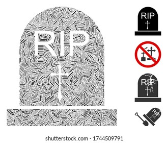 Hatch collage RIP icon united from straight items in variable sizes and color hues. Lines items are united into abstract vector mosaic RIP icon. Bonus pictograms are added.