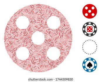 Hatch collage round dice icon united from straight elements in various sizes and color hues. Lines elements are united into abstract vector collage round dice icon. Bonus pictograms are placed.