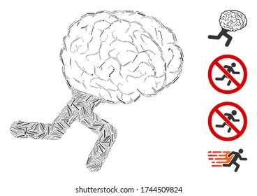 Hatch collage running brain icon designed from straight items in variable sizes and color hues. Irregular hatch items are combined into abstract vector collage running brain icon.