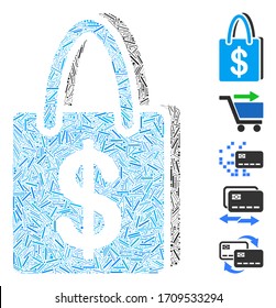 Hatch collage shopping bag icon constructed from thin items in various sizes and color hues. Vector line items are arranged into abstract collage shopping bag icon. Bonus pictograms are added.