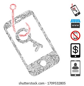 Das Phishing-Symbol mit Schlaufe-Tastenkombination aus schmalen Elementen in unterschiedlichen Größen und Farbtönen. Vektorillustration Luch Elemente sind in abstraktes Komposition Smartphone-Taste Phishing-Symbol vereint.