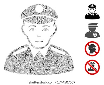 Icono de soldado de collage de escotillas compuesto de elementos rectos en tamaños aleatorios y tonos de color. Los elementos de línea se organizan en un icono de soldado de collage de vector abstracto. Se añaden pictogramas bonificados.
