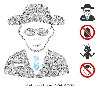 Icono de espionaje de collage de escotillas construido a partir de elementos finos en tamaños variables y tonos de color. Los elementos de trama irregular se componen en un icono de espionaje de composición vectorial abstracta. Se colocan pictogramas bonificados.