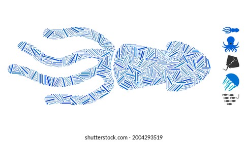 Icono de calamar de color de escotilla construido a partir de elementos rectos de varios tamaños y tonos de color. Los elementos lineales vectoriales se organizan en un icono de calamar de collage abstracto. Se añaden pictogramas bonificados.