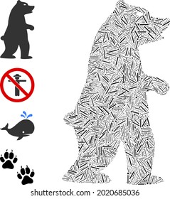 Hatch Collage Standing Bear Icon Composed Of Straight Items In Different Sizes And Color Hues. Line Items Are Composed Into Abstract Vector Mosaic Standing Bear Icon. Bonus Icons Are Added.