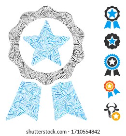 Hatch collage star award icon united from straight elements in variable sizes and color hues. Vector line parts are composed into abstract collage star award icon. Bonus icons are placed.