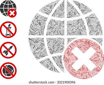 Hatch collage stop globalization icon designed from narrow elements in different sizes and color hues. Irregular hatch elements are united into abstract vector mosaic stop globalization icon.