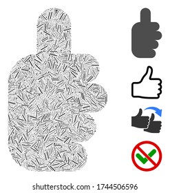 Hatch collage success gesture icon organized from thin items in various sizes and color hues. Line items are composed into abstract vector collage success gesture icon. Bonus icons are added.