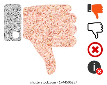 Hatch collage thumb down icon constructed from thin items in random sizes and color hues. Irregular hatch items are organized into abstract vector illustration thumb down icon.