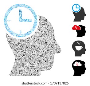Icono de cabeza de reflexión de tiempo de colchón de rayas diseñado a partir de elementos rectos en tamaños aleatorios y tonos de color. Los elementos de líneas se organizan en un icono de cabeza de pensamiento de tiempo de intercalación de vectores abstracto.