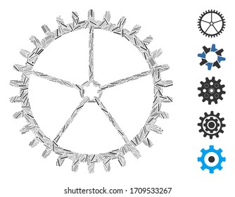 Icono de rueda dentada del colchón del escote unido a partir de elementos finos en diferentes tamaños y colores. Los elementos del portón vectorial se agrupan en un icono abstracto de rueda dental de colage. Se colocan pictogramas bonificados.
