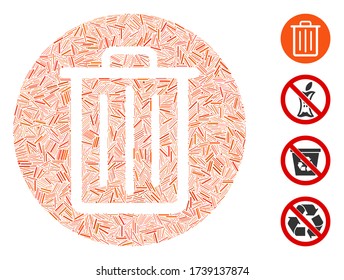 Icono de la basura de color de escotilla construido a partir de elementos finos de diferentes tamaños y tonos de color. Los elementos de trama irregular se combinan en un icono abstracto de basura de collage vectorial. Se añaden pictogramas bonificados.