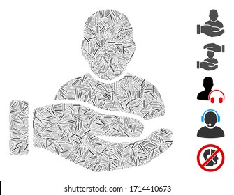 Hatch collage user support hand icon united from straight elements in random sizes and color hues. Vector hatch elements are grouped into abstract mosaic user support hand icon.