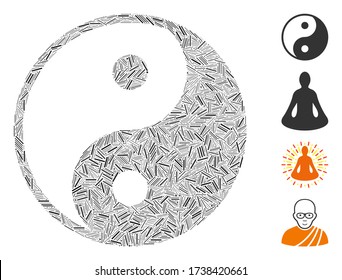 Hatch collage yin yang icon organized from thin elements in various sizes and color hues. Lines elements are organized into abstract vector collage yin yang icon. Bonus icons are placed.