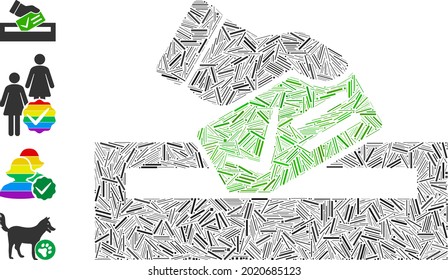 Hatch collage your vote icon constructed from straight items in variable sizes and color hues. Irregular hatch items are organized into abstract vector illustration your vote icon.