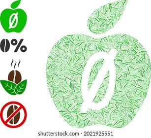Hatch collage zero calories apple icon constructed from straight items in random sizes and color hues. Irregular hatch items are composed into abstract vector collage zero calories apple icon.