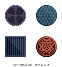 Hatch icons set cartoon vector. Road manhole of various shape and color. City construction