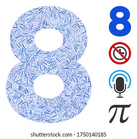 Icono de 8 dígitos del mosaico de trama, organizado a partir de elementos estrechos en tamaños aleatorios y tonos de color. Los elementos de trama irregular se unen en un icono abstracto de mosaico vectorial de 8 dígitos. Se agregan iconos de bonificación.