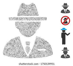 Hatch mosaic agent icon organized from straight items in different sizes and color hues. Lines items are arranged into abstract vector mosaic agent icon. Bonus pictograms are placed.