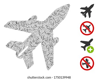 Icono del avión de mosaico de paro compuesto por elementos estrechos de diferentes tamaños y tonos de color. Los elementos de trama irregular se unen en el icono abstracto del avión de collage vectorial. Se colocan pictogramas bonificados.