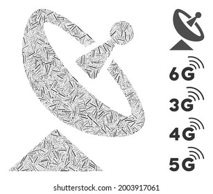Hatch mosaic antenna icon constructed from narrow items in random sizes and color hues. Vector hatch items are composed into abstract mosaic antenna icon. Bonus icons are placed.