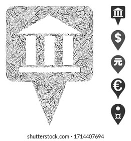 Hatch mosaic Bank Building Zeiger Symbol aus geraden Elementen in variabler Größe und Farbtönen organisiert. Lineare Vektorgrafiken werden in abstraktes Mosaik-Symbol für den Bankenstopp eingeteilt.