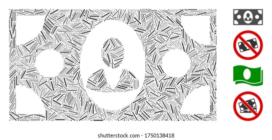 Hatch mosaic banknote icon composed of thin items in various sizes and color hues. Lines items are composed into abstract vector mosaic banknote icon. Bonus icons are added.