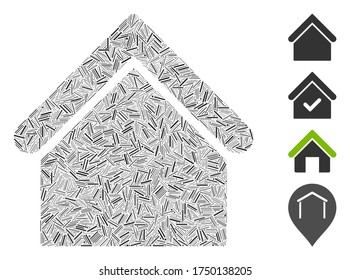 Hatch mosaic base building icon constructed from straight elements in various sizes and color hues. Linear elements are composed into abstract vector mosaic base building icon.