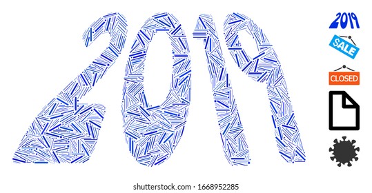 Hatch Mosaic basiert auf dem Textsymbol der Perspektive 2019. Mosaik Vektorillustration 2019 Perspektivtext besteht aus randomisierten Lukenflecken. Bonussymbole werden hinzugefügt.