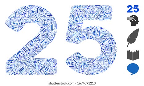 Hatch Mosaic basierend auf 25 Ziffern Text Symbol. Mosaik Vektorillustration 25 Stellen Text ist mit vereinzelten Bruchstellen gebildet. Bonussymbole werden hinzugefügt.