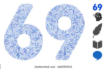 Hatch Mosaic based on 69 digits text icon. Mosaic vector 69 digits text is composed with random hatch elements. Bonus icons are added.