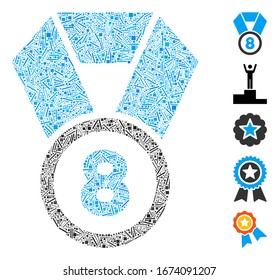 Hatch Mosaic based on 8th place medal icon. Mosaic vector 8th place medal is created with scattered line spots. Bonus icons are added.